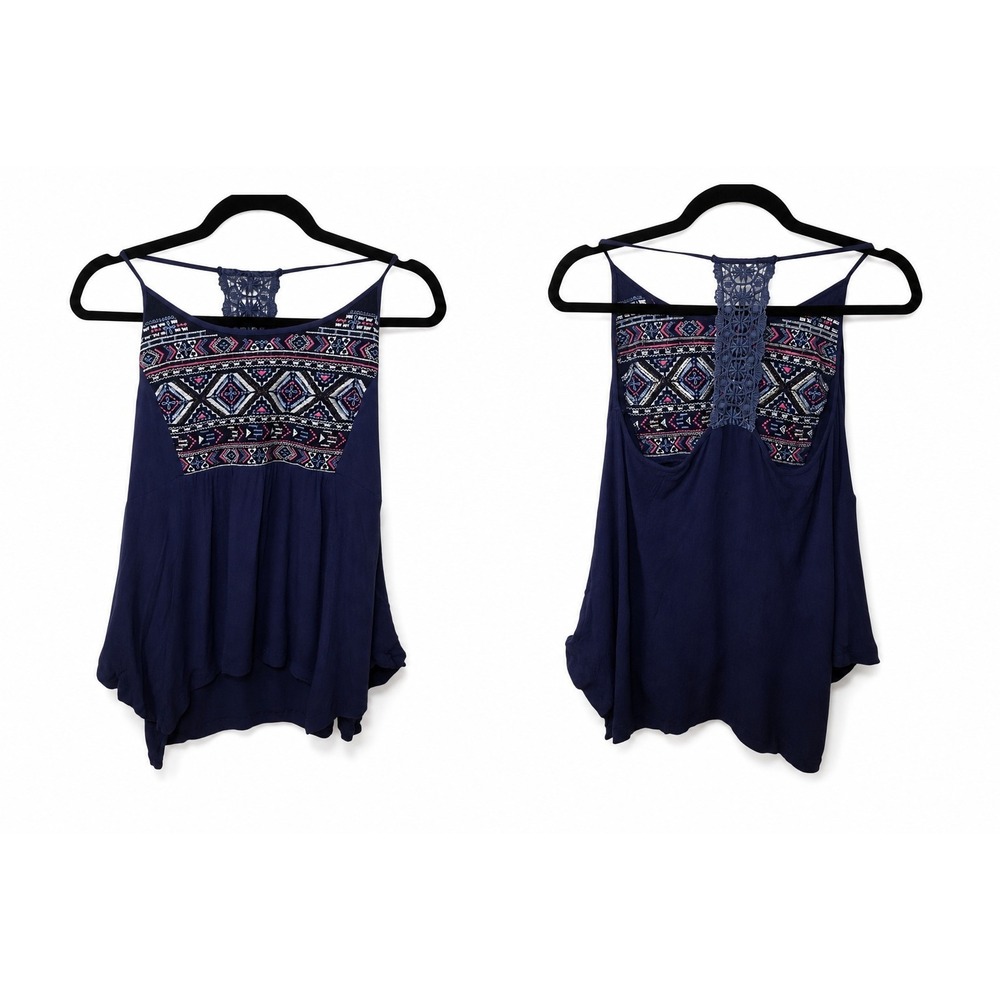 Miss Me Navy Blue Boho Crochet Back Tank Top Women's Size Small
